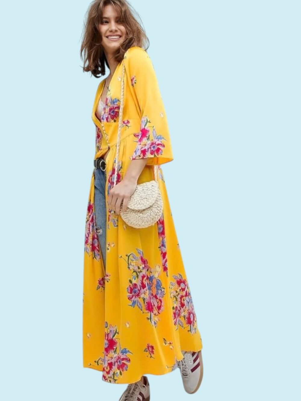 Free People Alexa Duster Size Small Sun Yellow Floral Long Sleeve Button Waist